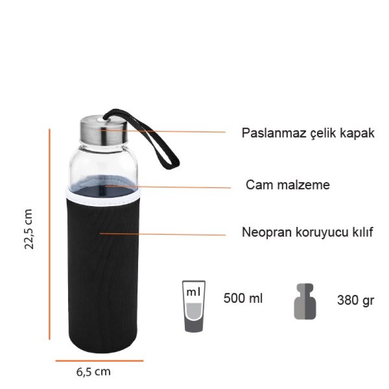 Neopren Kılıflı Cam Matara 500 ML