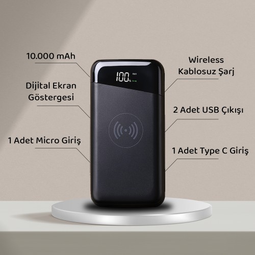 EccoTech Wireless Led Ekran 10.000 mAh Powerbank