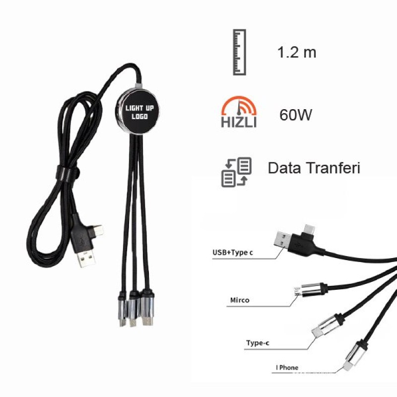 60W HIZLI SARJ ÖZELLİKLİ Işıklı Şarj Kablosu DATA TRANSFERLİ KL15 (TYPE-C GİRİŞLİ) (ÇANTALI)