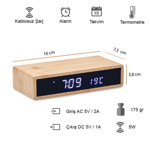 Bambu Kablosuz Şarj Cihazı W30 (Saat-Alarm)